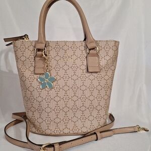 Neutral Monogram Tote Bag with Floral Charm